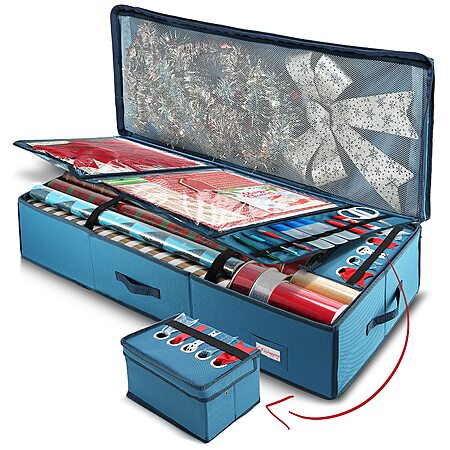 Hearth & Harbor Wrapping Paper Storage Container - Christmas Storage Bag with Ribbon Dispenser and Interior Pockets - Gift Wrap Organizer Fits Up to 26 Rolls of 40" Length, Blue