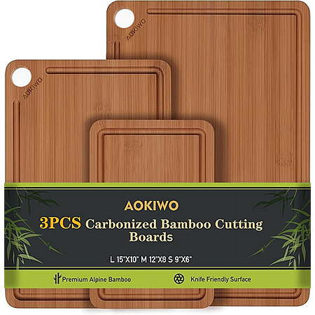 $15.99*:3 Pcs AOKIWO Bamboo Cutting Board, Durable Wood with Juice Grooves & Handles, Ideal for Meat, Vegetables