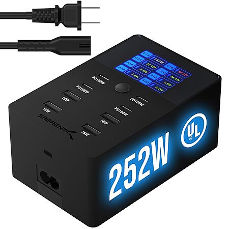 $59.99*:SABRENT Charger, 252W 8-Port Desktop Charging Station w/Real-Time LCD Display, UL Certified | USB C/A, Compatible with MacBook, iPhone, Samsung Galaxy, and Tablets