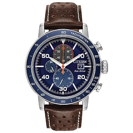 Citizen Men's Eco-Drive Weekender Brycen Chronograph Watch in Stainless Steel, Brown Leather Strap, Blue Dial (Model: CA0648-09L) at Amazon.com $195