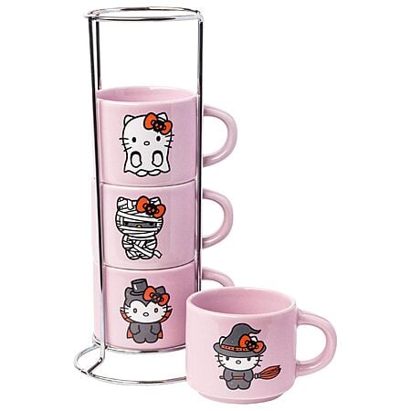 $7.63*:4 Pack Silver Buffalo Sanrio Hello Kitty Halloween Stackable Ceramic Mug Set With Storage Rack(3 Ounces) at Amazon