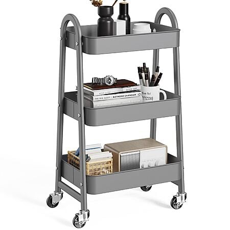 $17.98*:OLIXIS 3-Tier Rolling Utility Cart, Metal Storage Shelf w/ Lockable Wheels Gray(16.9"D x 30.9"W x 12.2"H) at Amazon
