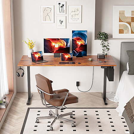 $79.99*:Satifur 63" x 27.5" Electric Standing Desk – Ergonomic, Height Adjustable with Memory Preset, Hooks & Storage, Rustic/Black/White at Walmart.com