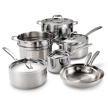 $188*:11-Piece Tramontina Signature Tri-Ply Clad Stainless Steel Cookware Set with Lids at Amazon
