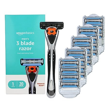 YMMV[AC,SnS]$9.92 : Amazon Basics 3-Blade Men’s Razor, Handle + 20 Cartridges, Dual Lubrication, 21-Piece Set (Black) at Amazon