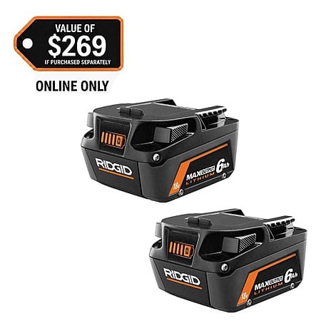 $111: RIDGID 18V 6.0 Ah MAX Output Lithium-Ion Batteries (2-Pack) at HomeDepot