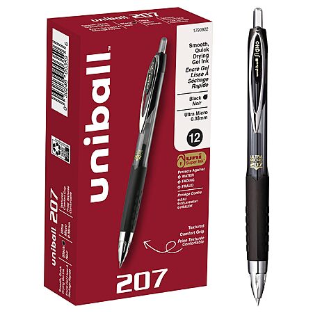 [S&S] $11.71: uniball 207 Retractable Gel Pens, Ultra Micro Point (0.38mm), Black, 12 Pack