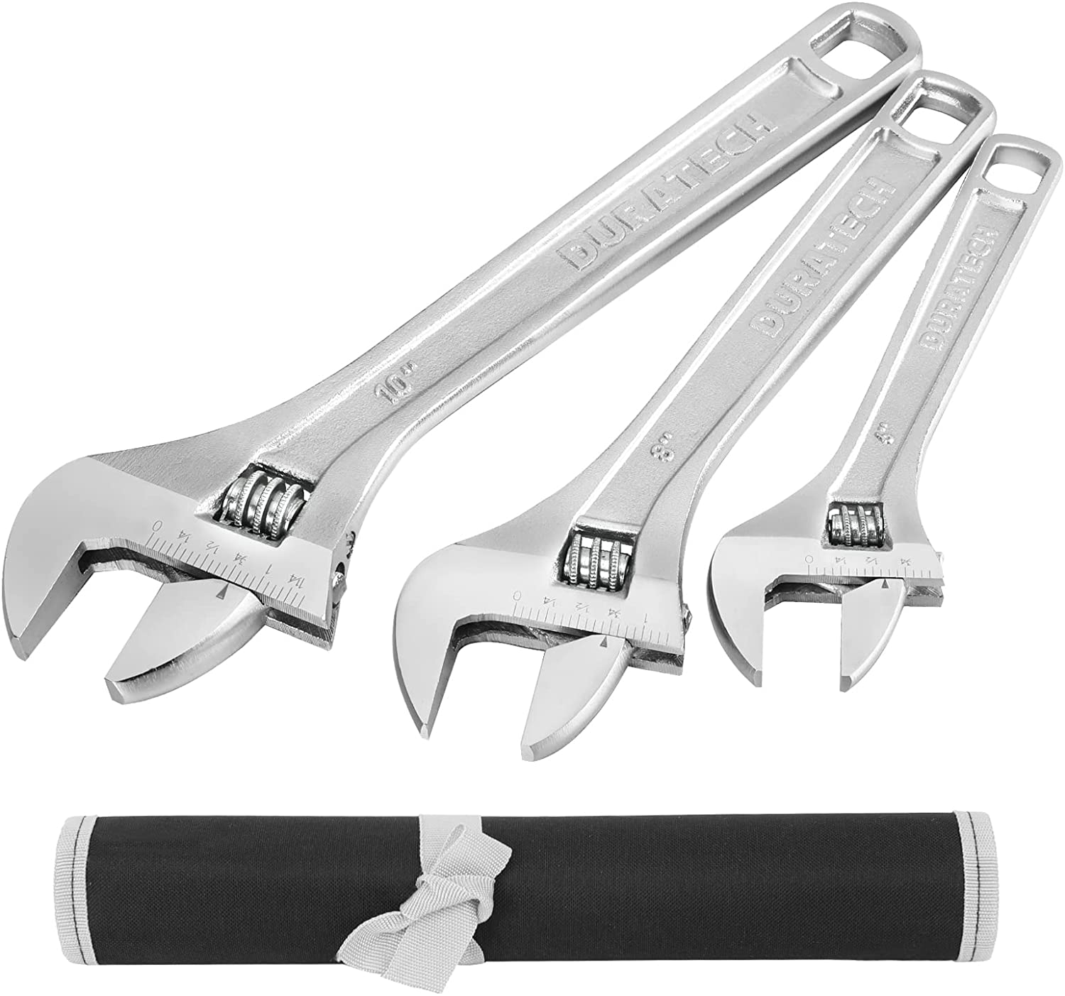 Amazon.com: DURATECH 3-Piece Adjustable Wrench Set with Roll Pouch, SAE and Metric Scale Marked, Forged Cr-V, Chrome-plated, 6-inch, 8-inch, 10-inch, : Everything Else $16.79