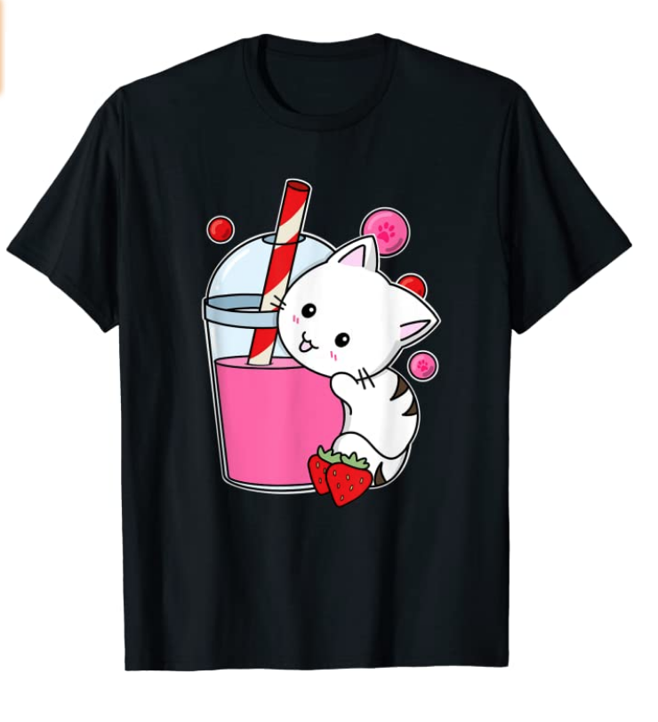 Strawberry Milk Shake Cat Japanese Anime Kawaii Neko Girl T-Shirt $13.07