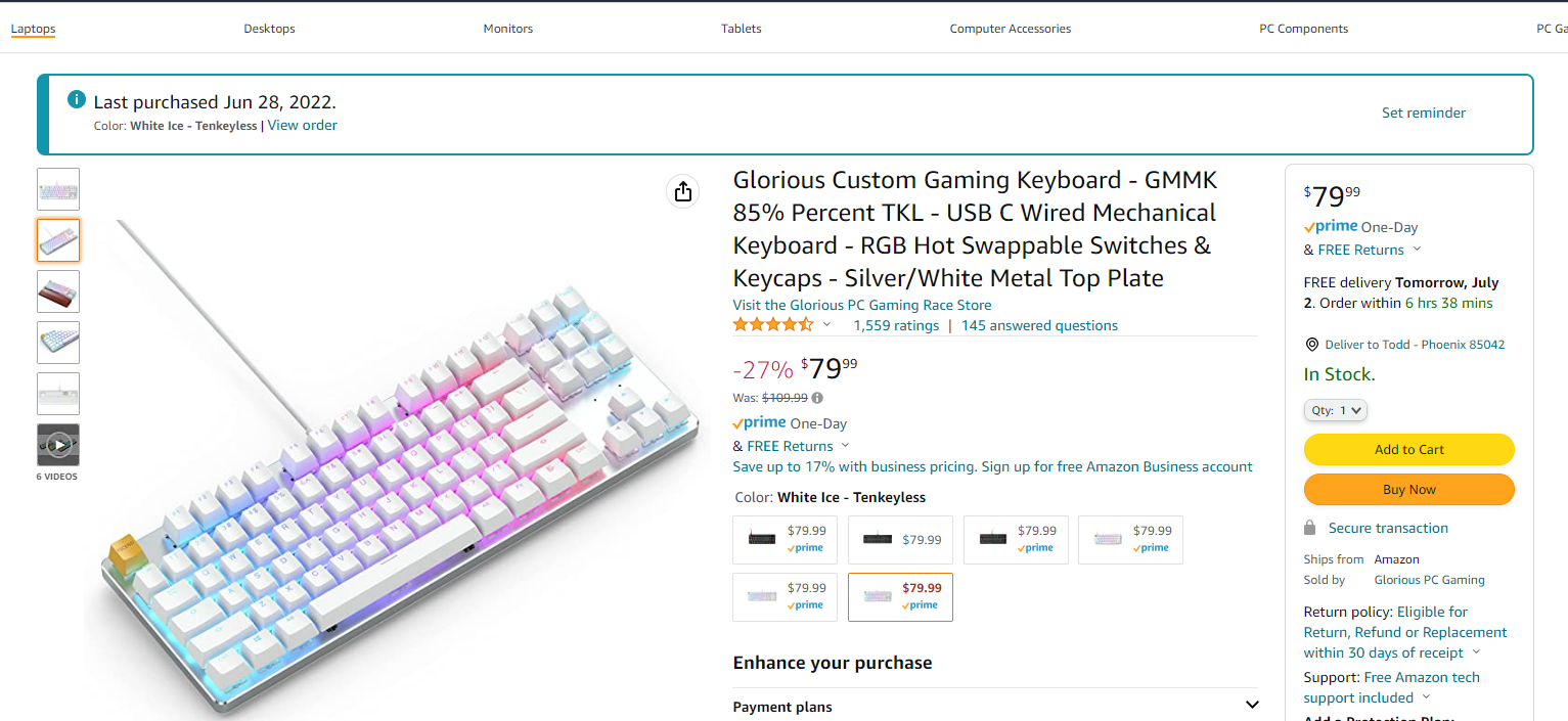 Glorious Custom Gaming Keyboard - GMMK 100/85/60%  USB Wired Mechanical Keyboard - RGB Hot Swappable Switches & Keycaps - Silver/White Metal Top Plate $79.99