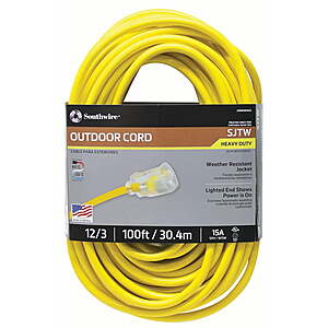100' Southwire Outdoor 12/3 SJTW Heavy Duty 15-Amp Extension Cord $57.35 + Free Shipping