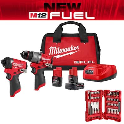 Milwaukee M12 FUEL 12-Volt Lithium-Ion Brushless Cordless Hammer Drill & Impact Driver Combo Kit (2-Tool) with Bit Set (45-Piece) HACK $141.9
