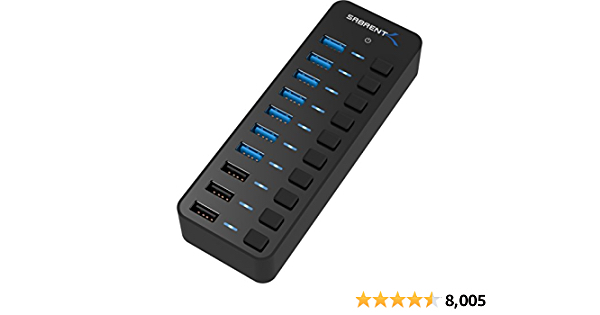 Sabrent 60W 10-Port USB 3.0 Hub Includes 3 Smart Charging Ports with Individual Power Switches and LEDs + 60W 12V/5A Power Adapter (HB-B7C3) - $44.99