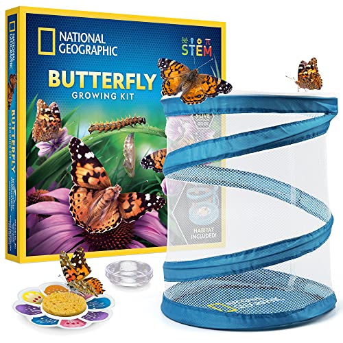 NATIONAL GEOGRAPHIC Butterfly Growing Kit - Butterfly Habitat Kit with Voucher to Redeem 5 Caterpillars, Butterfly Cage, Feeder, Stickers for Decorating & More $11.89