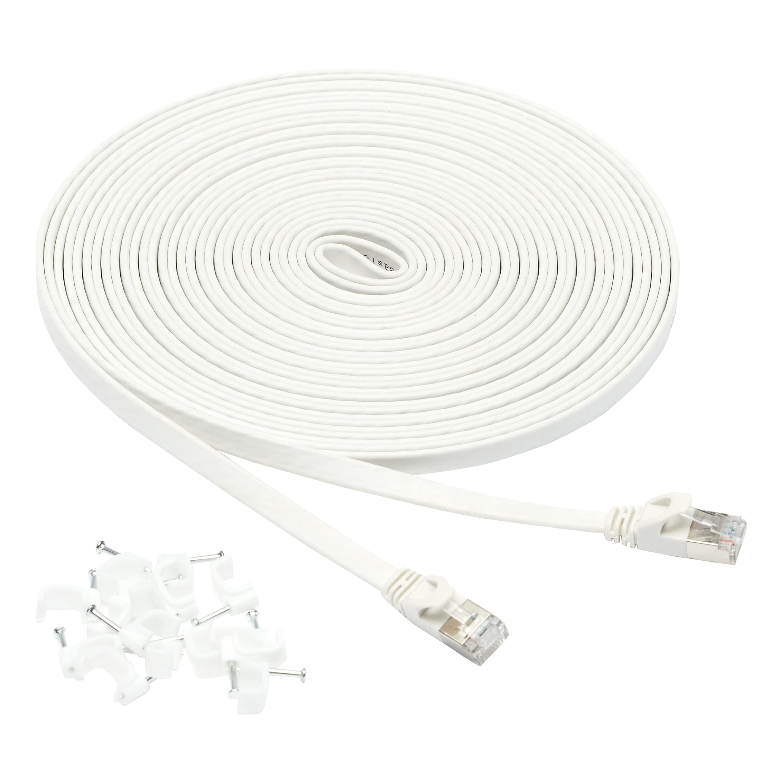 Amazon Basics Flat 30' RJ45 Cat 7 Ethernet Patch Cable,  600MHz, Snagless, Includes 15 Nails, 30 Foot, White $2.55