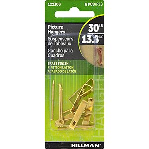 Hillman 122306 Brass Conventional Picture Hanger 6 Pack 30lb,Gold $0.98