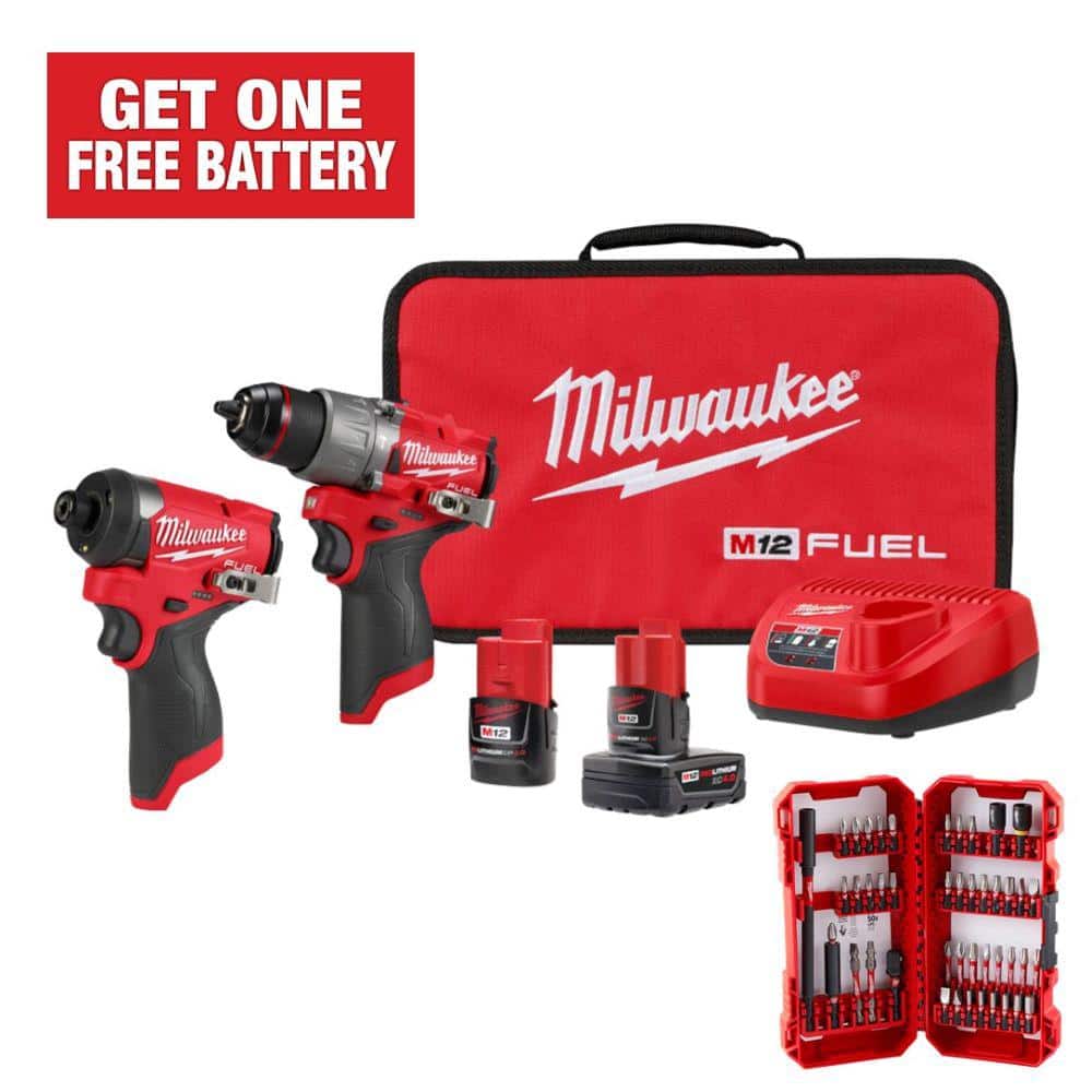 M12 FUEL 12-Volt Lithium-Ion Brushless Cordless Hammer Drill & Impact Driver Combo Kit with Bit Set for $151.47, with 5.0Ah HO battery for $78.42 [PRORATED BUNDLE total $229]