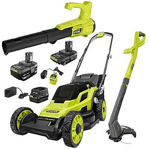 RYOBI ONE+ 18V 13" Push Lawn Mower, String Trimmer, Blower w/ 4Ah & 2Ah Batteries $279 + Free S&H