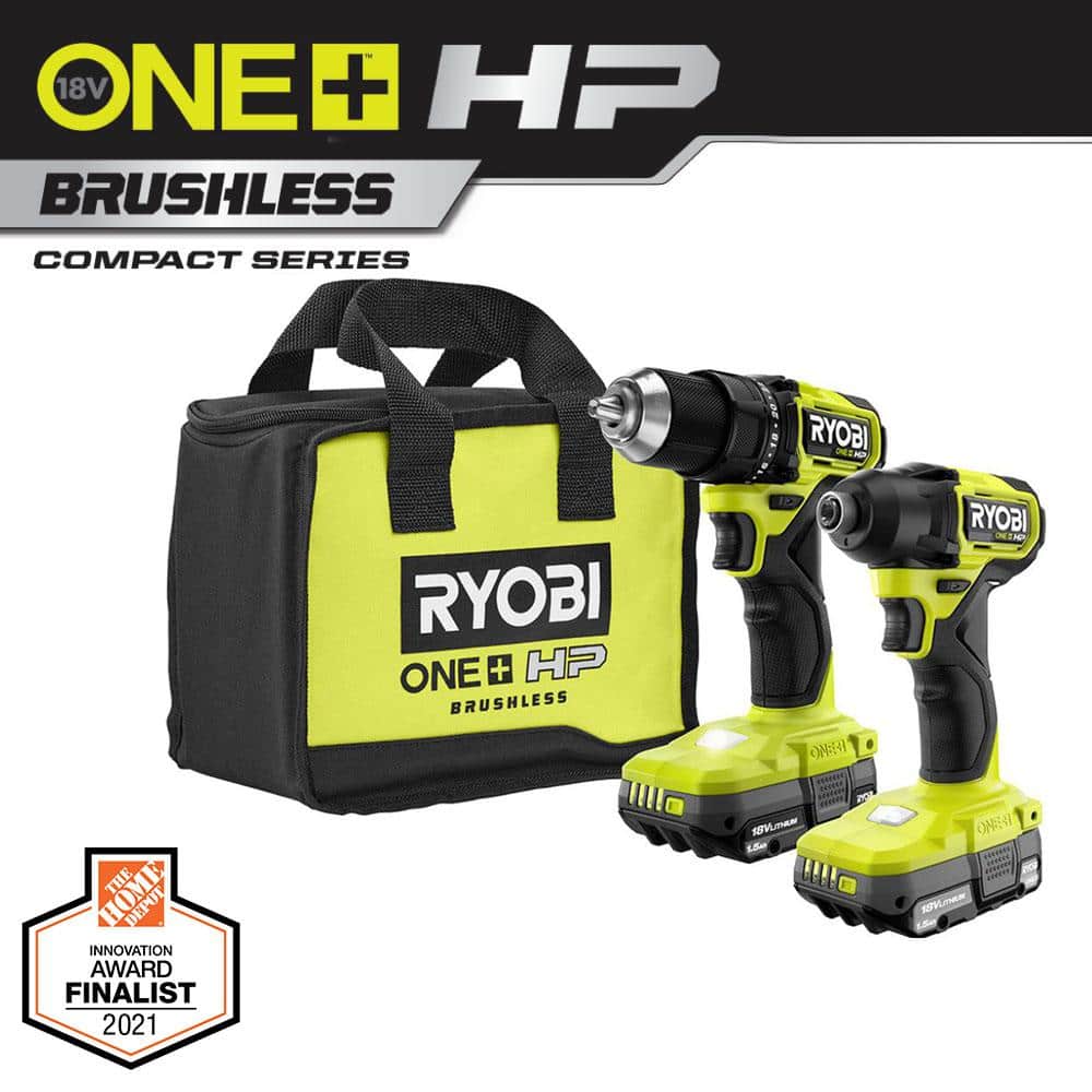 RYOBI ONE+ HP 18V Brushless Cordless Compact 1/2 in. Drill and Impact Driver Kit with (2) 1.5 Ah Batteries, Charger and Bag $99