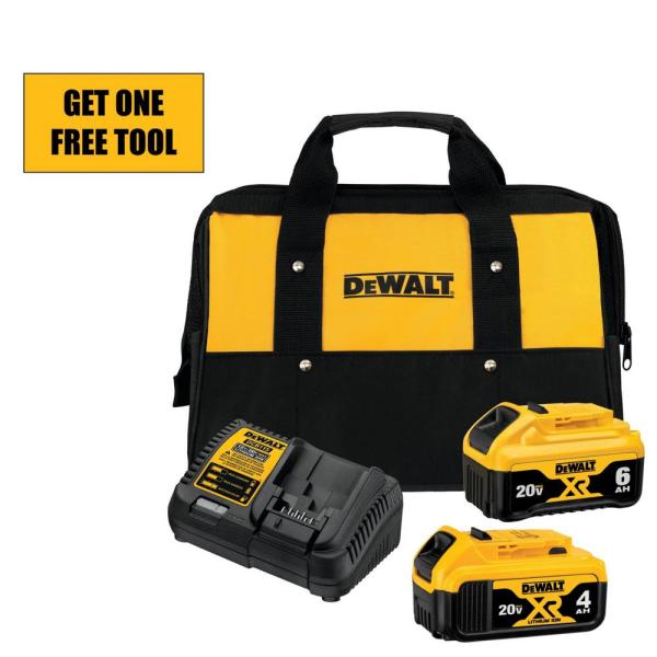 Dewalt 6.0Ah Battery Pack, 4.0Ah Battery Pack, Charger and Kit Bag with free gift Bandsaw DCS374B. $199 Home Depot YMMV can be hacked