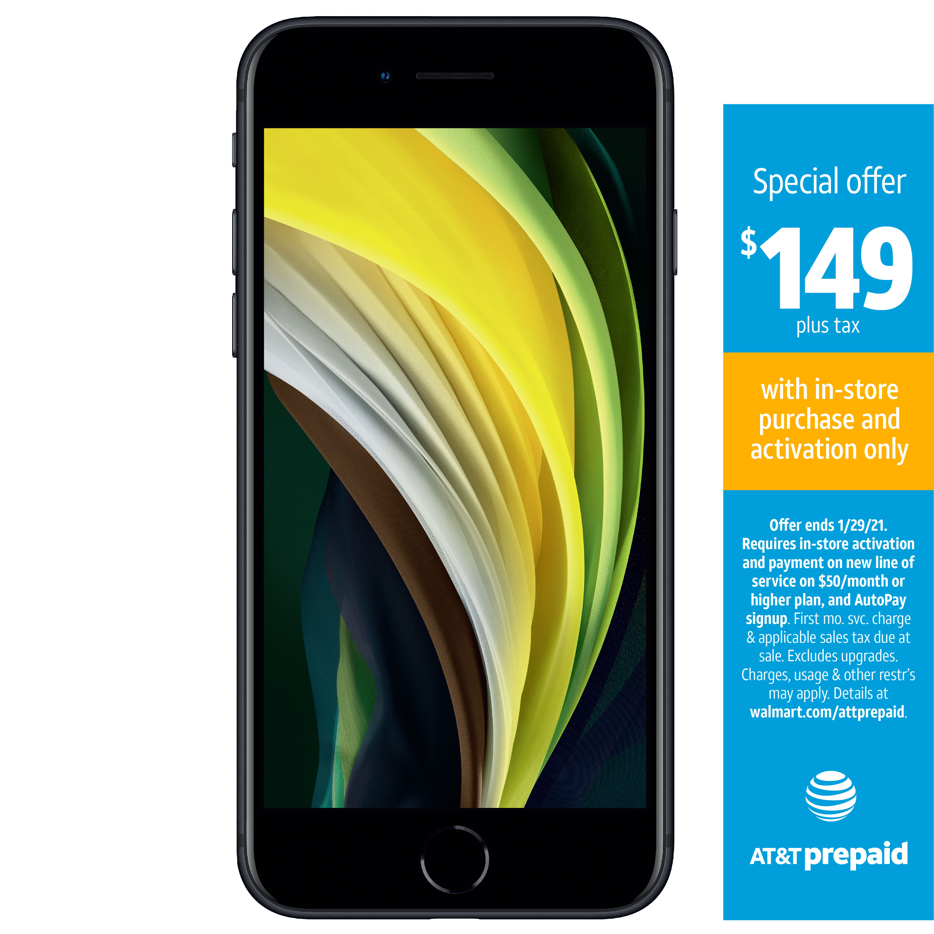 iPhone SE 2020 64GB Black AT&T prepaid with one month of service, Walmart (in store only) $99 + tax