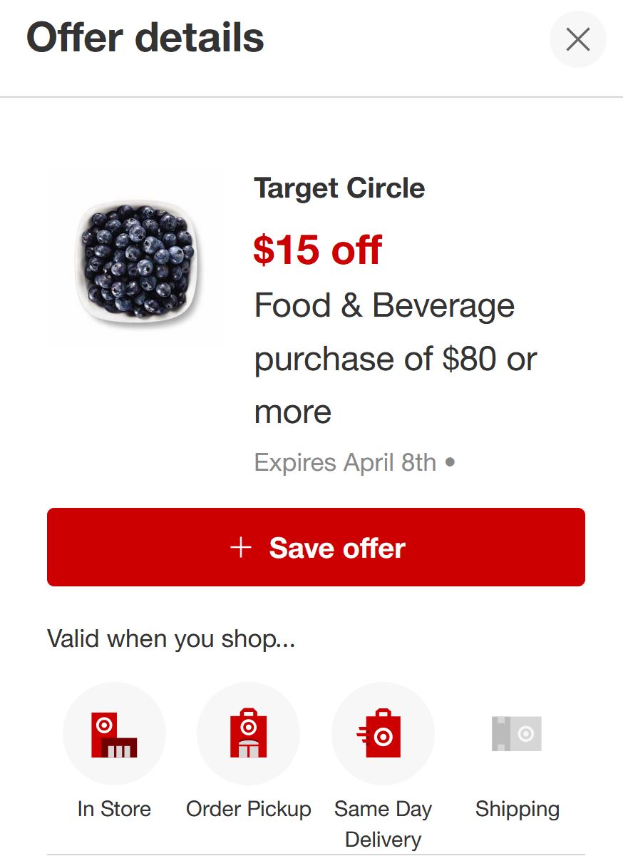 Target Circle Offer 15 off Food & Beverage purchase of 80 or more