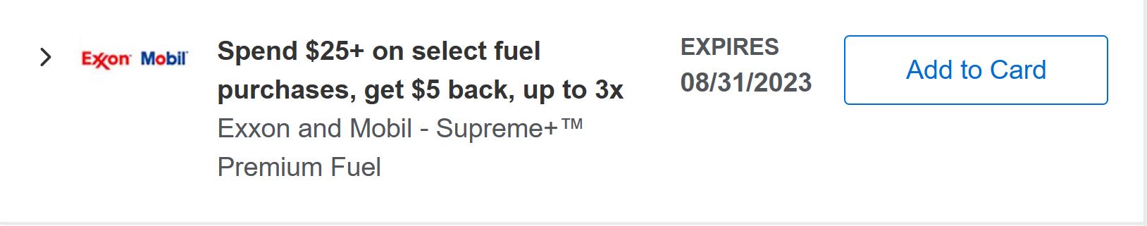 Amex Offers: Spend $25+ on select fuel purchases at Exxon Mobile, get $5 back, up to 3x.