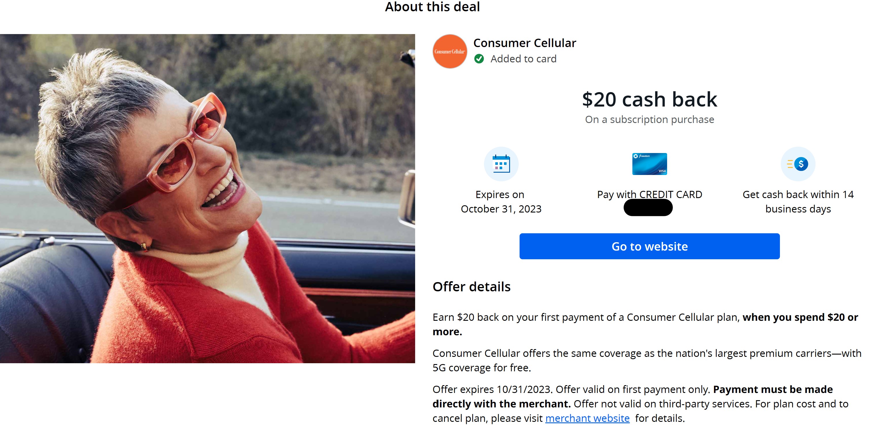 Chase Offers: $20 back on $20 Purchase w Consumer Cellular