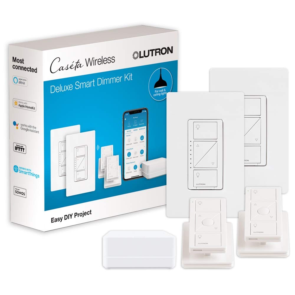 Lutron Caseta Deluxe Smart Dimmer Switch (2 Count) Kit with Caseta Smart Hub | Works with Alexa, Apple Home, Ring, Google Assistant | P-BDG-PKG2W | White - $97