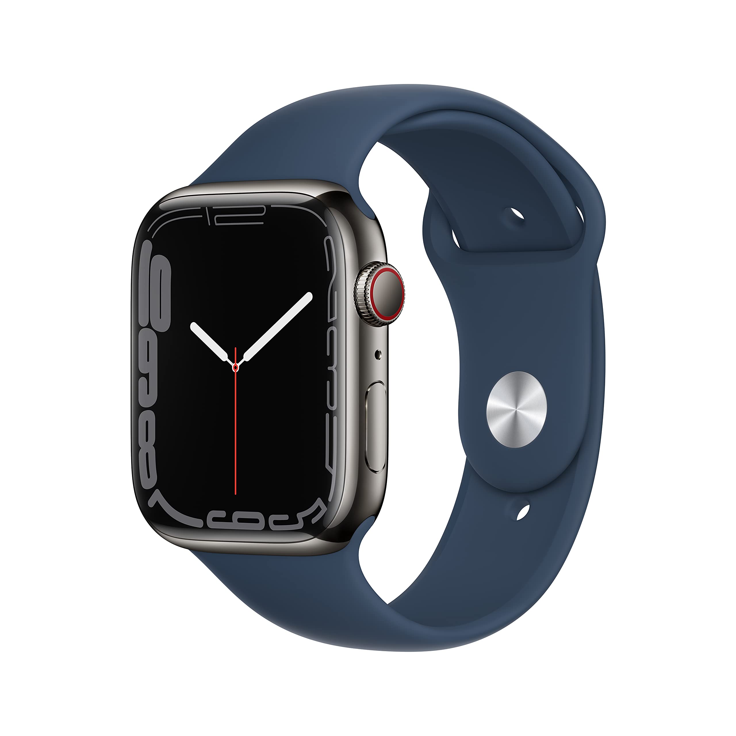 Apple Watch Series 7 [GPS + Cellular 45mm] Smart Watch w/Graphite Stainless Steel Case with Abyss Blue Sport Band. Fitness Tracker, Blood Oxygen & ECG Apps, Always-On Ret - $308.49