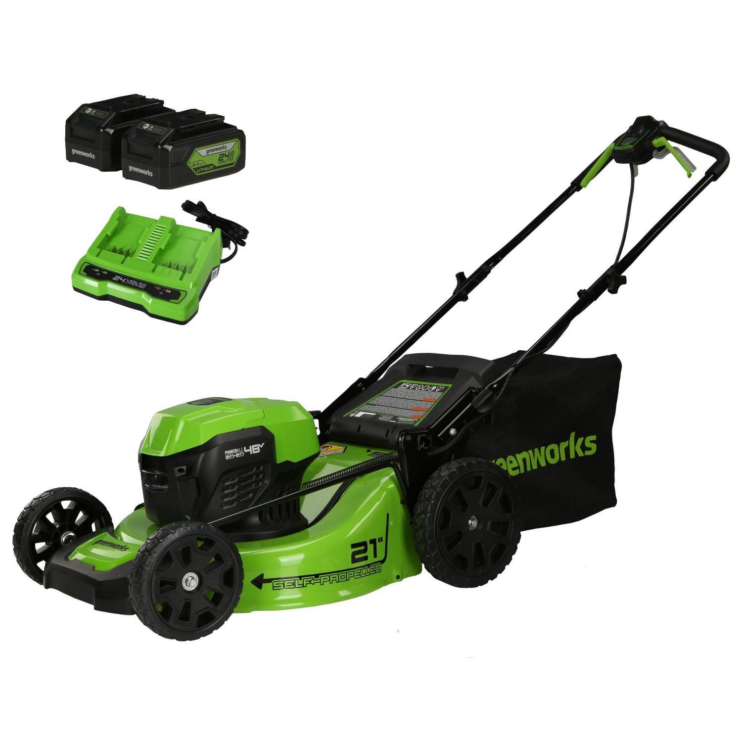 Greenworks POWERALL 21" 24V 5Ah Cordless Brushless Self-Propelled Mower Kit with 2 USB Batteries and Dual Port Rapid Charger