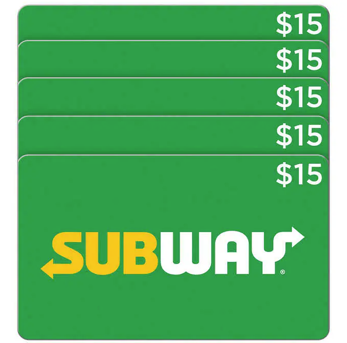 Costco - $75 Subway gift cards (5 x $15 each) for $54.99 from 5/13/24 to 5/19/24