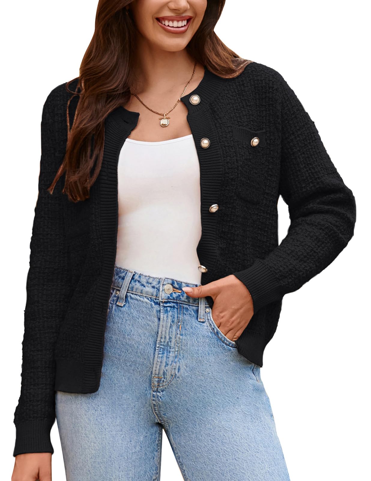 GRACE KARIN Woen's Long Sleeve Button Down Crew Neck Classic Sweater