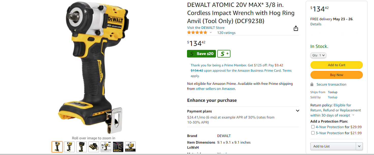 DEWALT ATOMIC 20V MAX* 3/8 in. Cordless Impact Wrench with Hog Ring Anvil (Tool Only) (DCF923B) $134