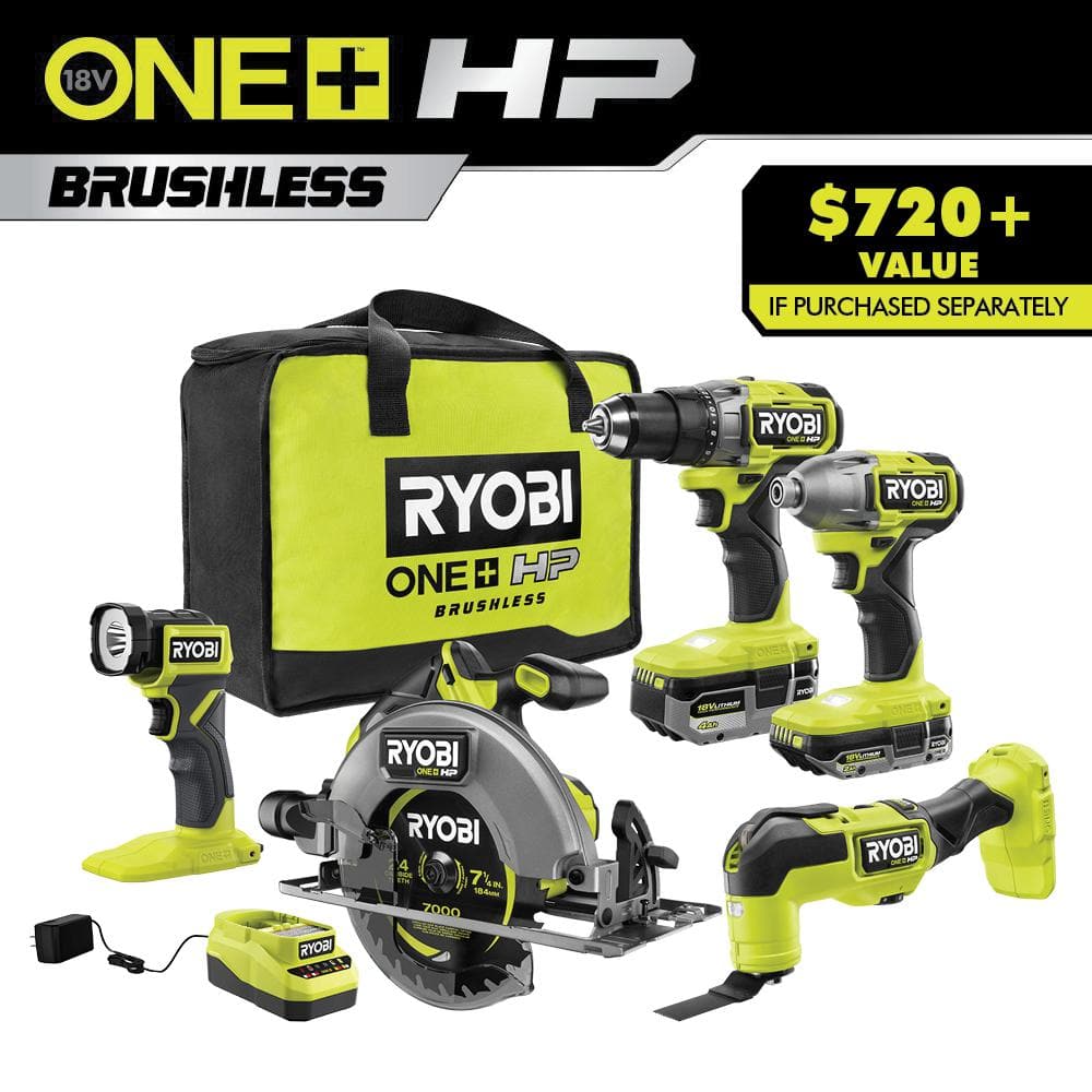 Ryobi ONE+ HP 18V BRUSHLESS Cordless 5-Tool Combo Kit with 4.0 Ah and 2.0 Ah HIGH PERFORMANCE Batteries, Charger, and Bag $235.16 [prorated pricing] @ Home Depot