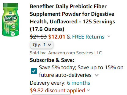 Benefiber Daily Prebiotic Fiber Supplement Powder for Digestive Health, Unflavored - 125 Servings (17.6 Ounces) $12.01