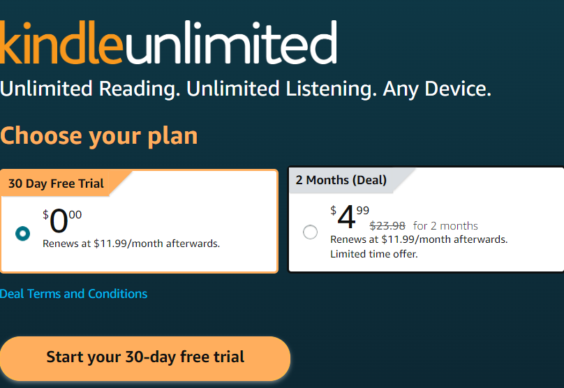 Kindle Unlimited 30 Day Free Trial $ 0.00