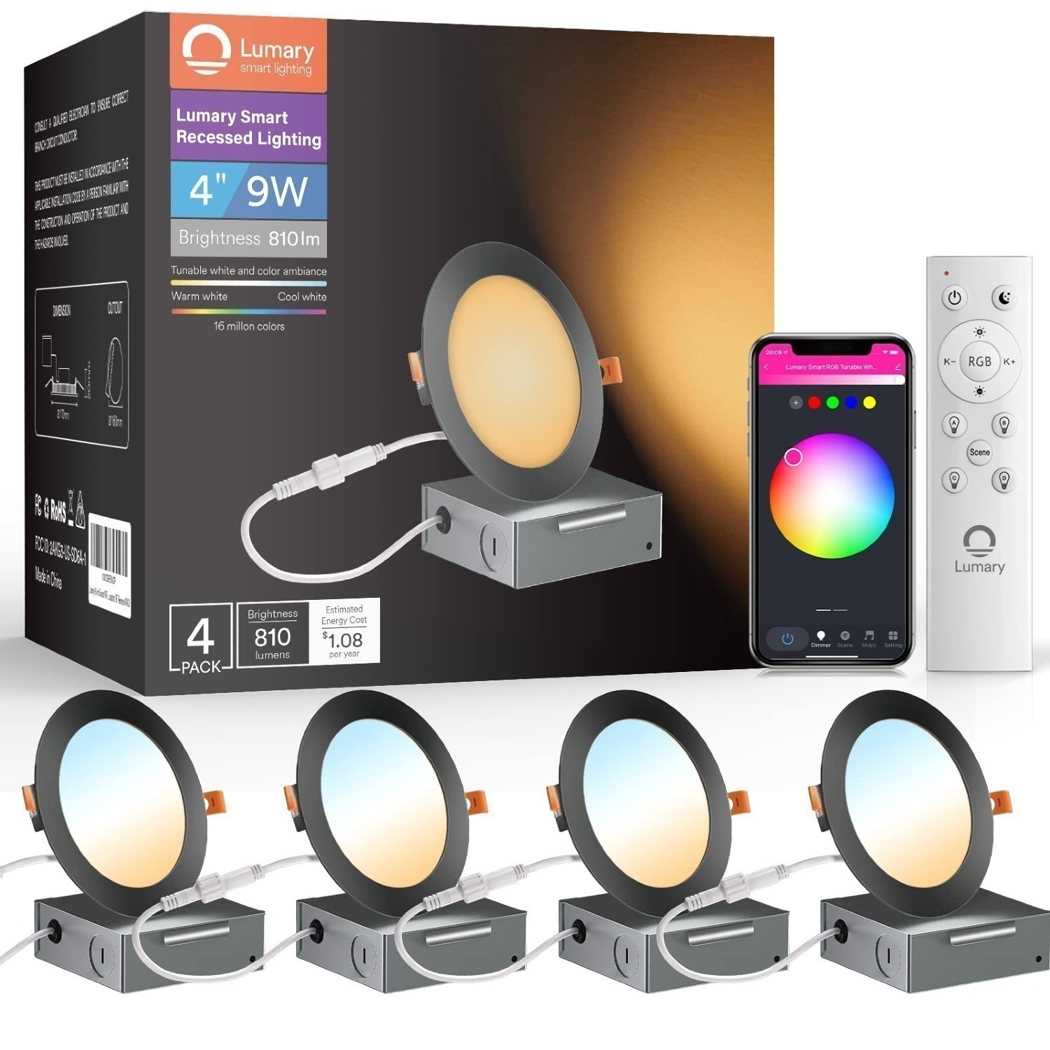 4-Pack 4" Lumary WiFi Smart Ultra-Thin Recessed Lighting (Black) w/ Remote Controller $71.50 & More + Free Shipping