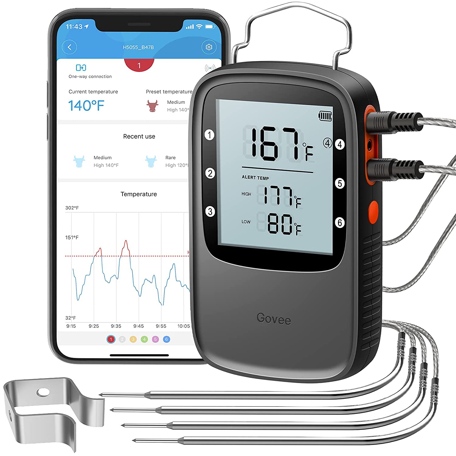 4Probe Govee Bluetooth (230FT Range) Meat Thermometer w/ Timer Mode