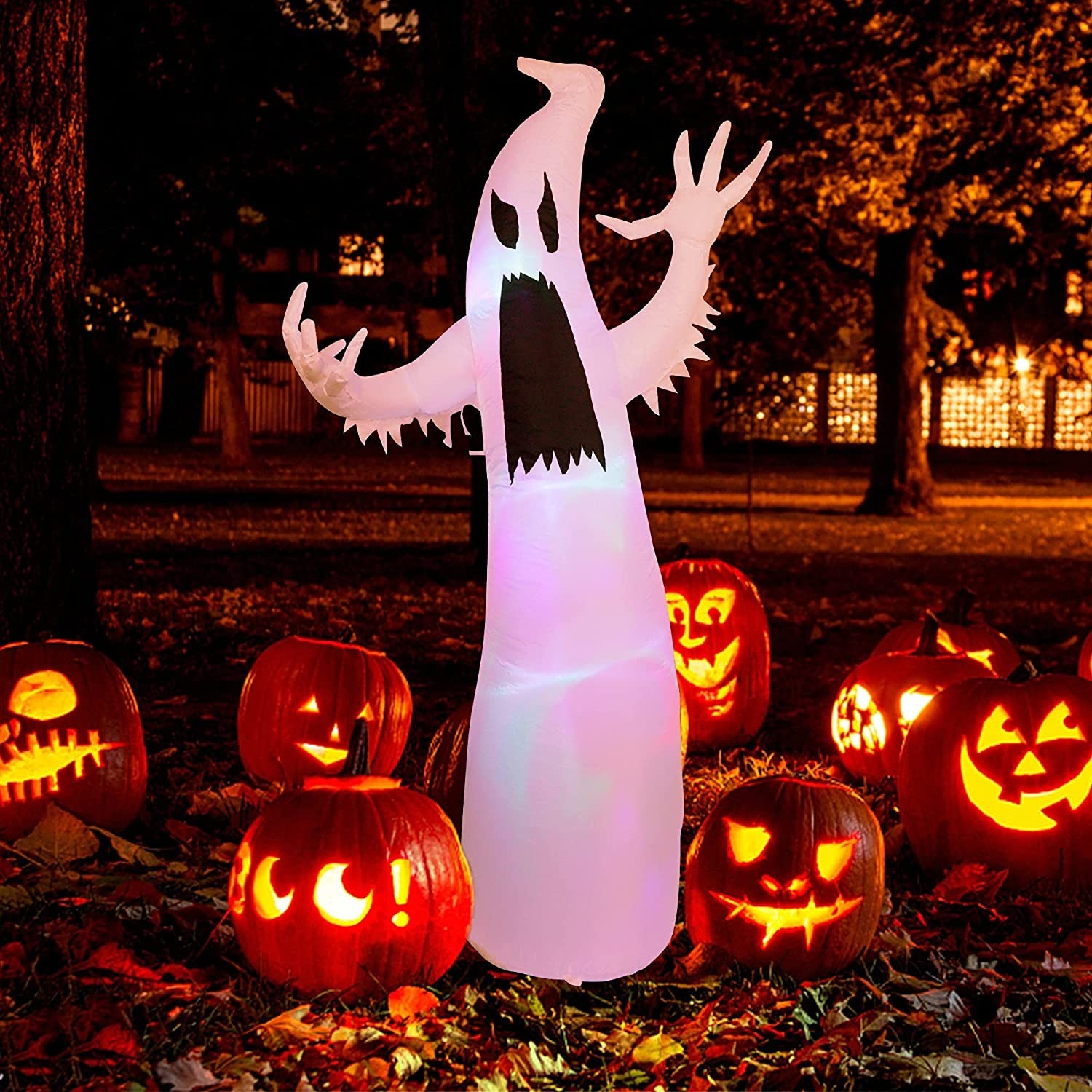 5.4' Halloween White Ghost Inflatable Blow Up Yard Decoration w/ RGB