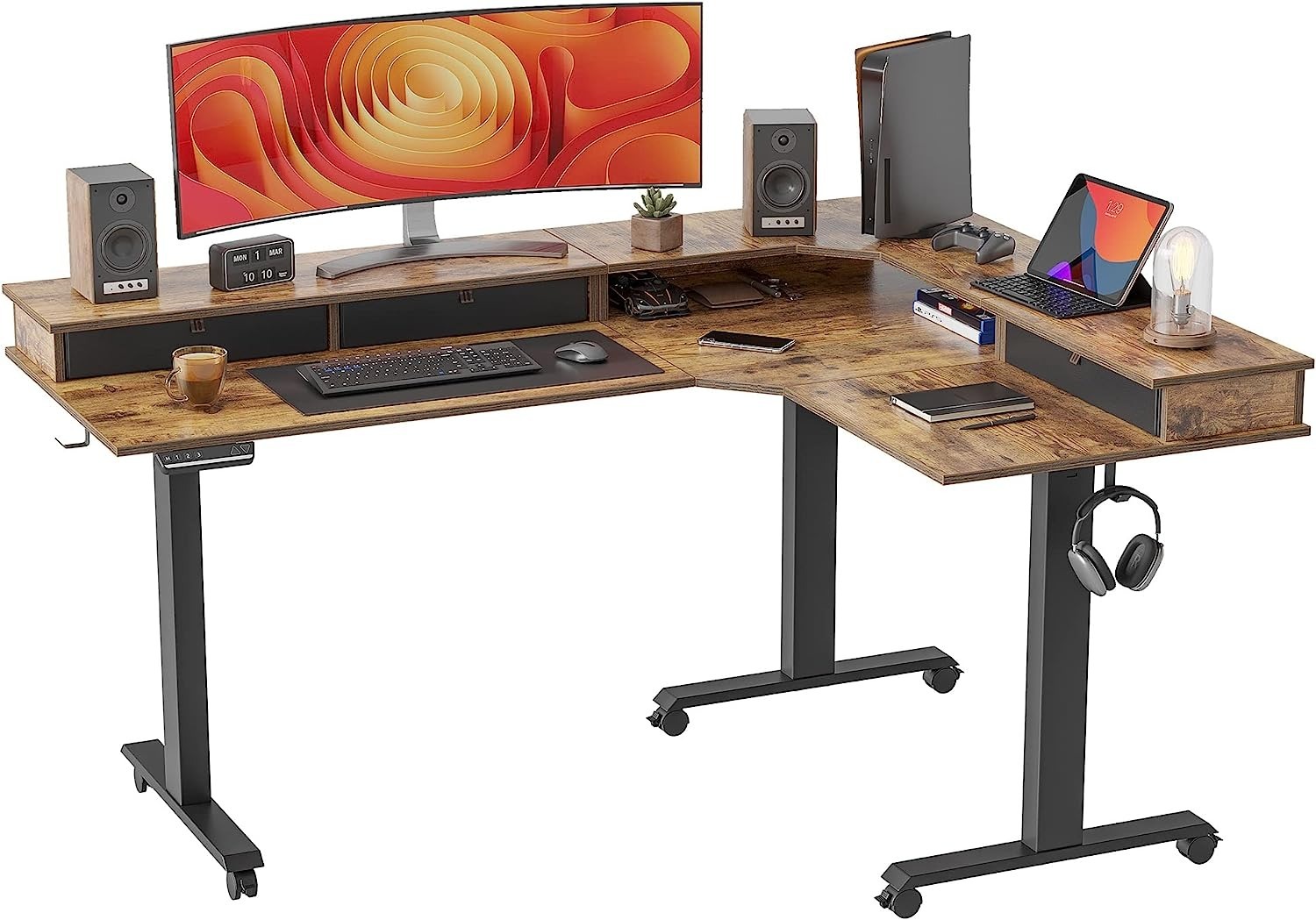 63" FEZIBO L-Shaped Height Adjustable Electric Triple Motor Standing Desk w/ 3 Drawers (Rustic Brown Top + Black Frame) $400 + Free Shipping