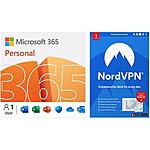 Microsoft 365 Personal (1-User, Auto-Renewal) + NordVPN 1-Year Subscription (6-Devices) $35 (Digital Delivery)