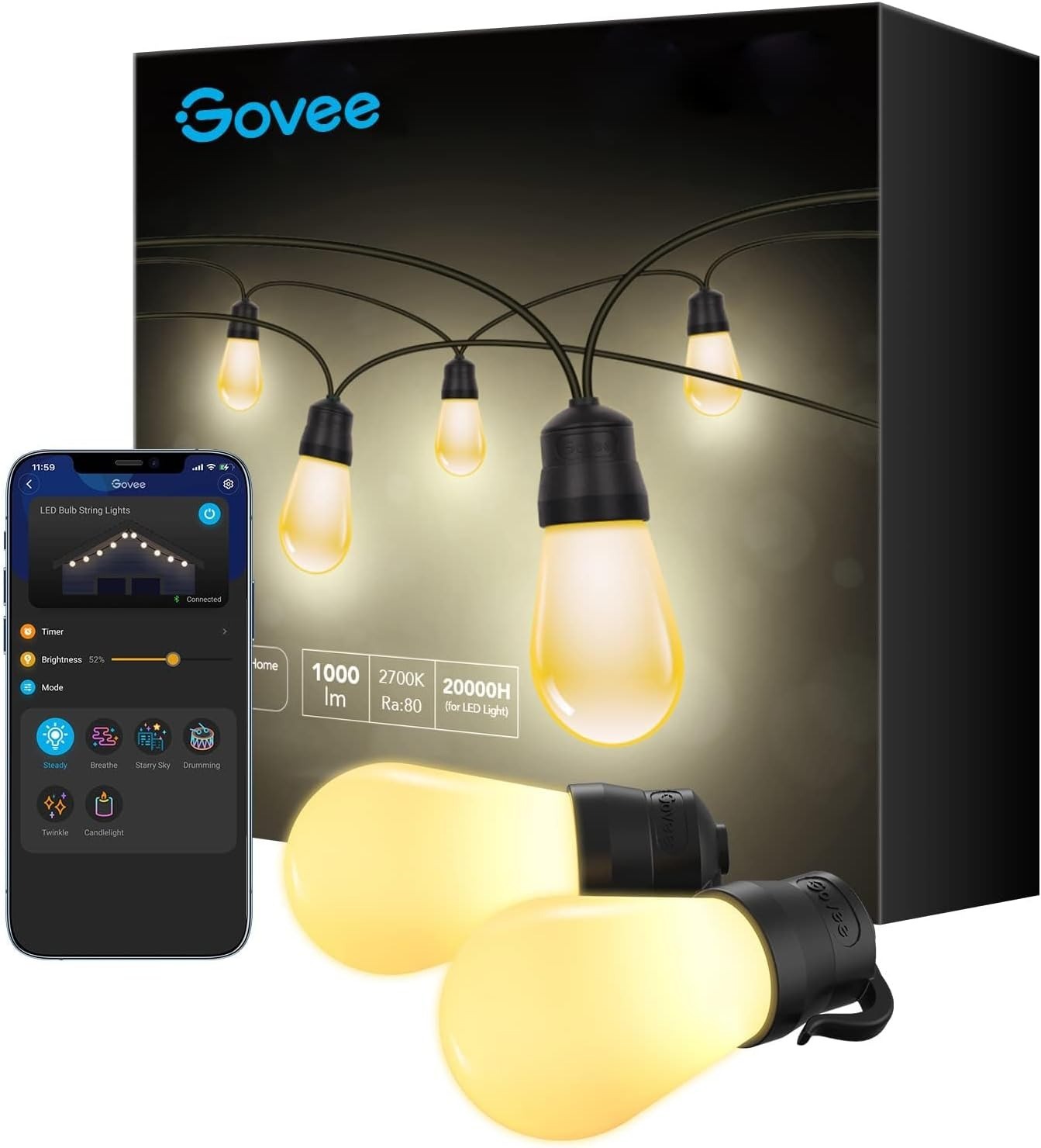 48' Govee Smart Outdoor String Lights w/ 15 Dimmable Warm White LED Bulbs $20 + Free Shipping w/ Prime