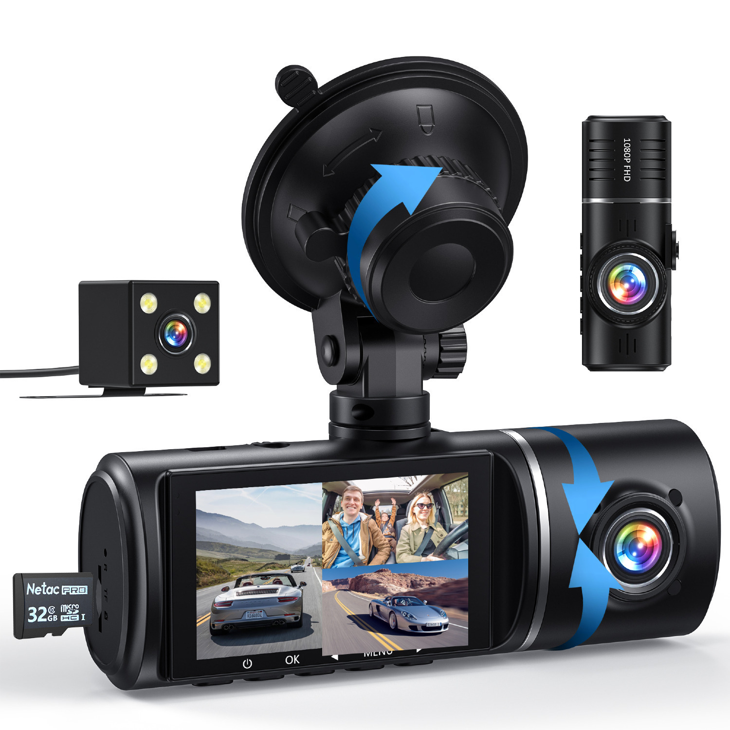 JQVV 3 Channel Dash Cam (1080p Front/480p Rear/720p Inside) w/ 32GB Memory Card $20 + Free Shipping