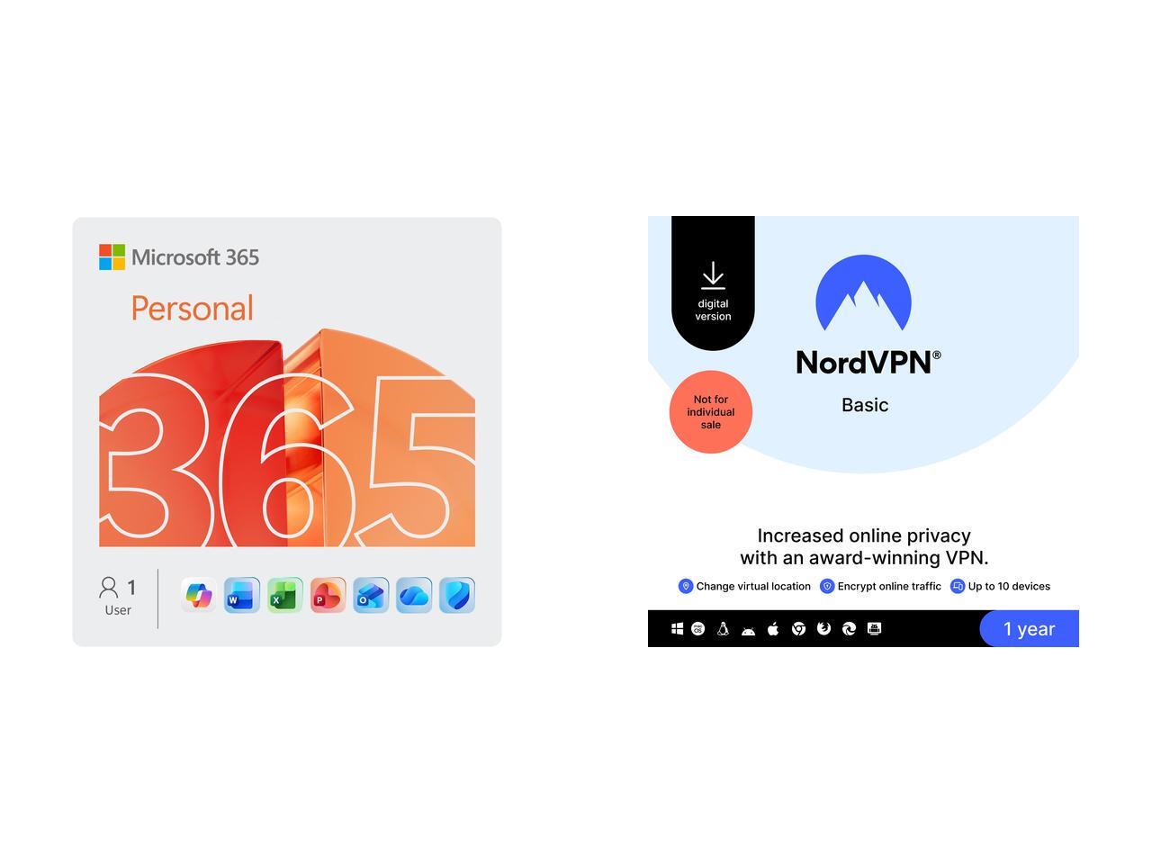 1-Year Microsoft 365 Personal (1-Person) + 1-Year NordVPN Basic (10-Devices) $47 & More
