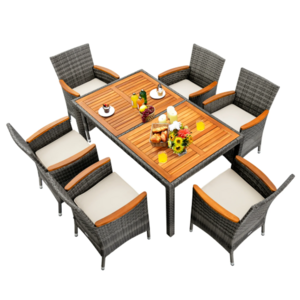 7-Pc Costway Outdoor Rattan Dining Set w/ Acacia Wood Table & Cushions (Gray) 0 + Free Shipping