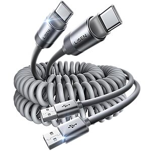 2-Pack 4' LISEN USB A to USB C 3.1A Coiled Carplay Cables $6.80