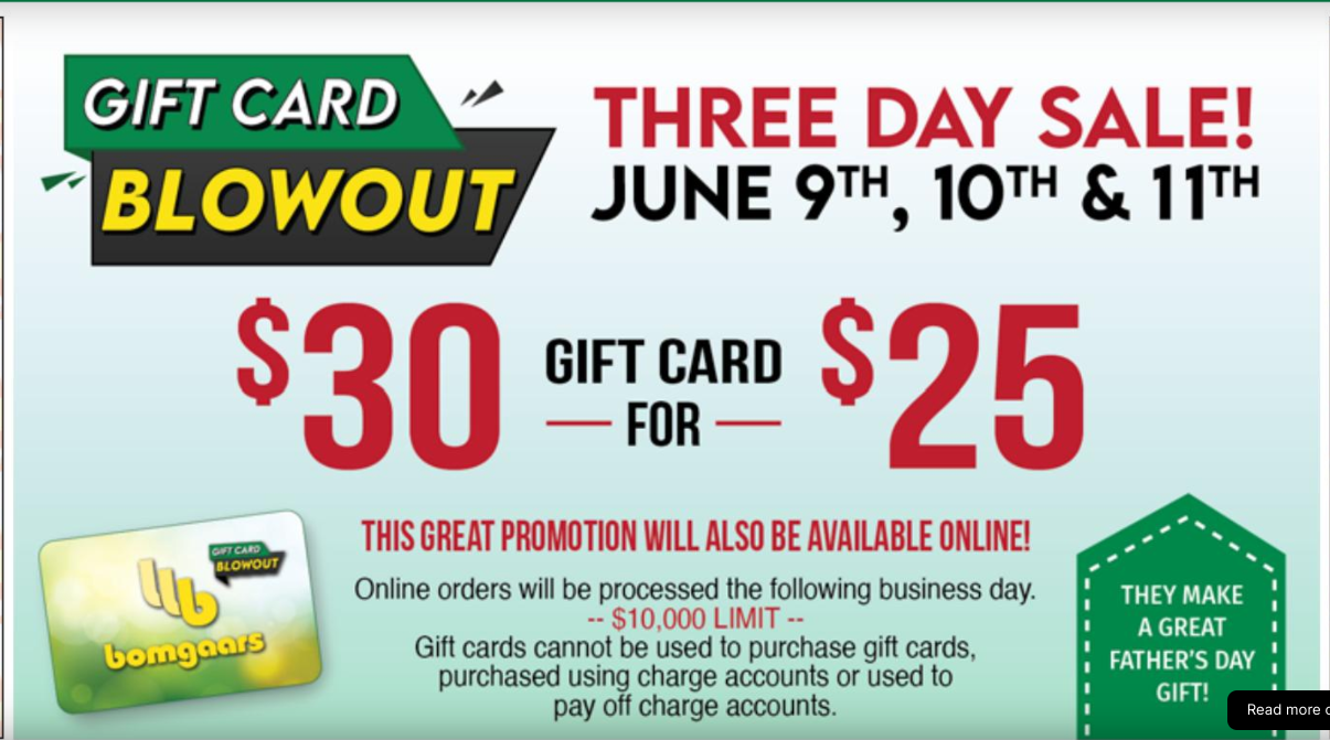 Bomgaars Gift Cards 17 Off 30 for 25, 120 for 100, 480 for 400