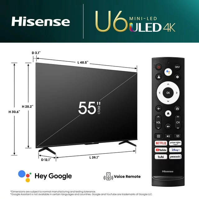 55" Hisense U6 Series Mini-LED ULED 4K UHD Google Smart TV (2023 Model) $348 + Free Shipping
