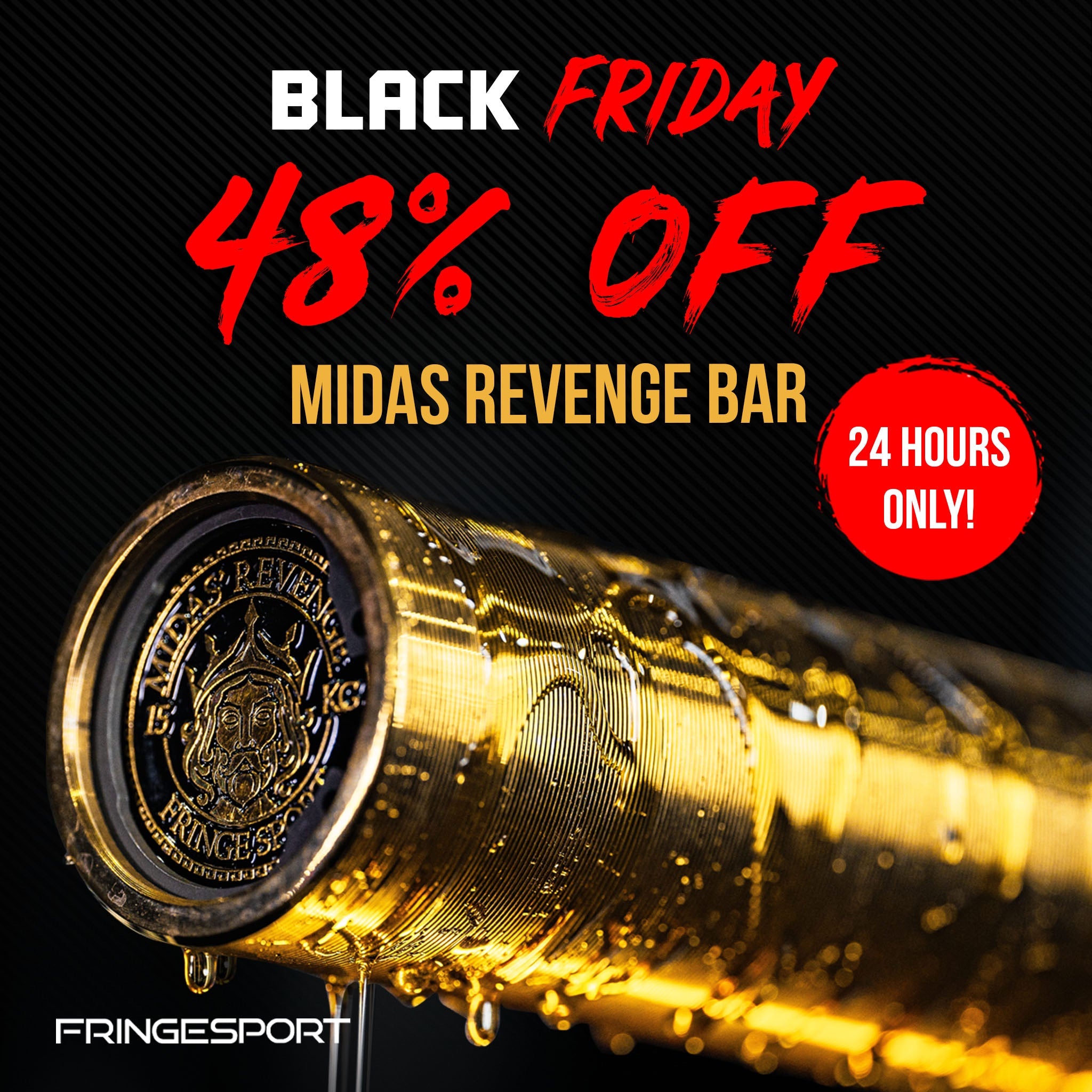 Today Only: 20-Kg 28.5mm Fringe Sport Midas Revenge Olympic Bar w/ Gold Titanium Sleeves $171 + Free Shipping in Lower 48 States